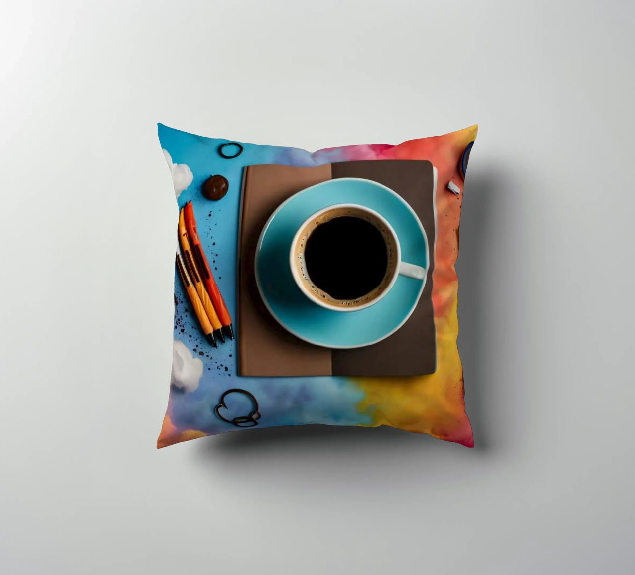 espace de travail avec une tasse de café bleue sur un tableau d'art coloré coussin de DesignDoodle