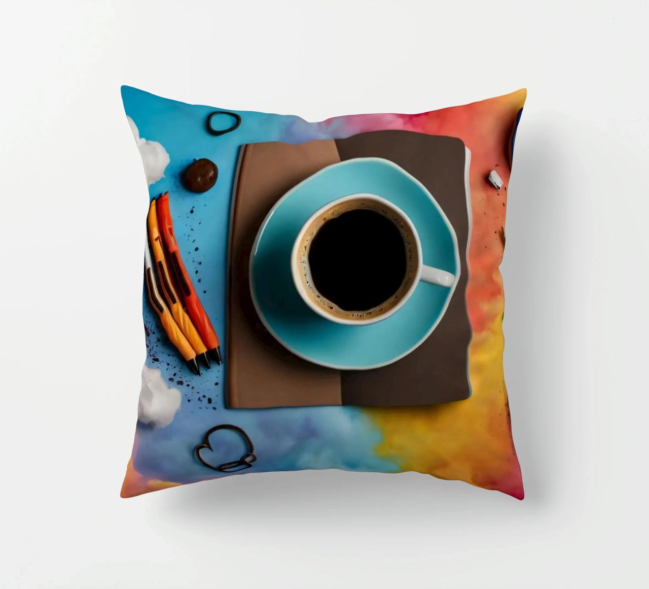 espace de travail avec une tasse de café bleue sur un tableau d'art coloré coussin de DesignDoodle