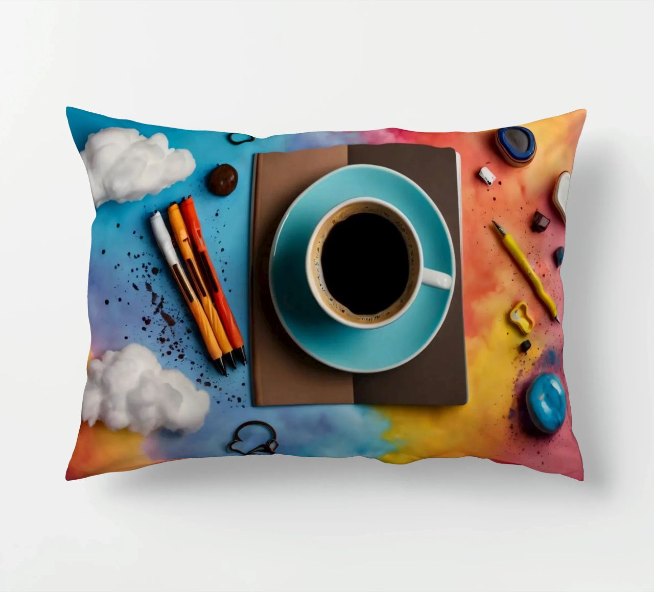 espace de travail avec une tasse de café bleue sur un tableau d'art coloré coussin de DesignDoodle