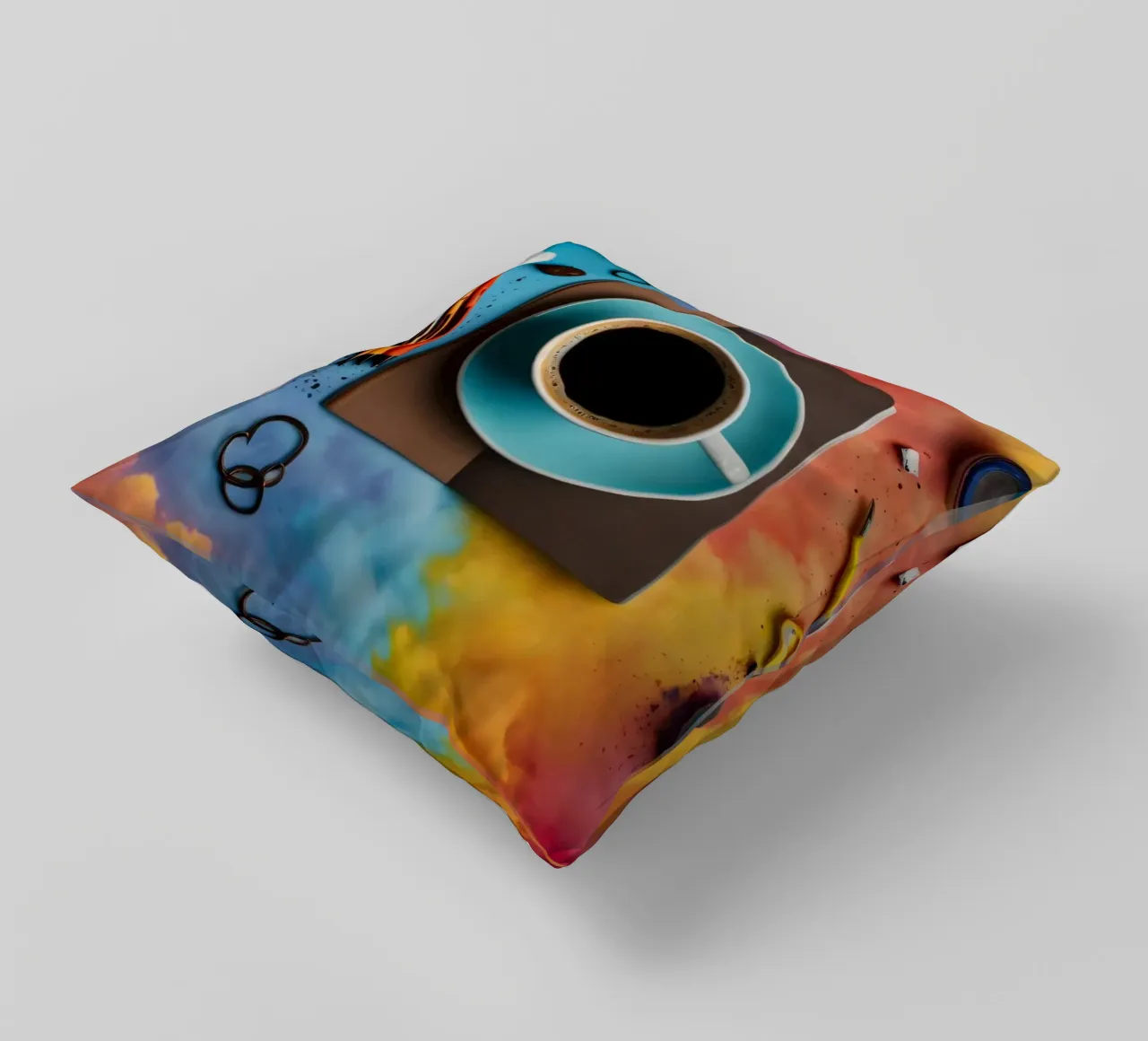spazio di lavoro caratterizzato da una tazza di caffè blu su un'opera d'arte colorata. cuscino da DesignDoodle