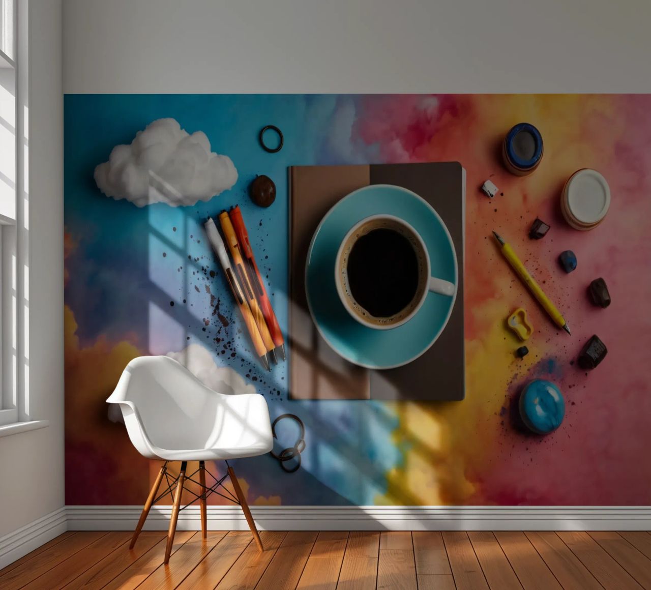 espace de travail avec une tasse de café bleue sur un tableau d'art coloré papier peint photo de DesignDoodle