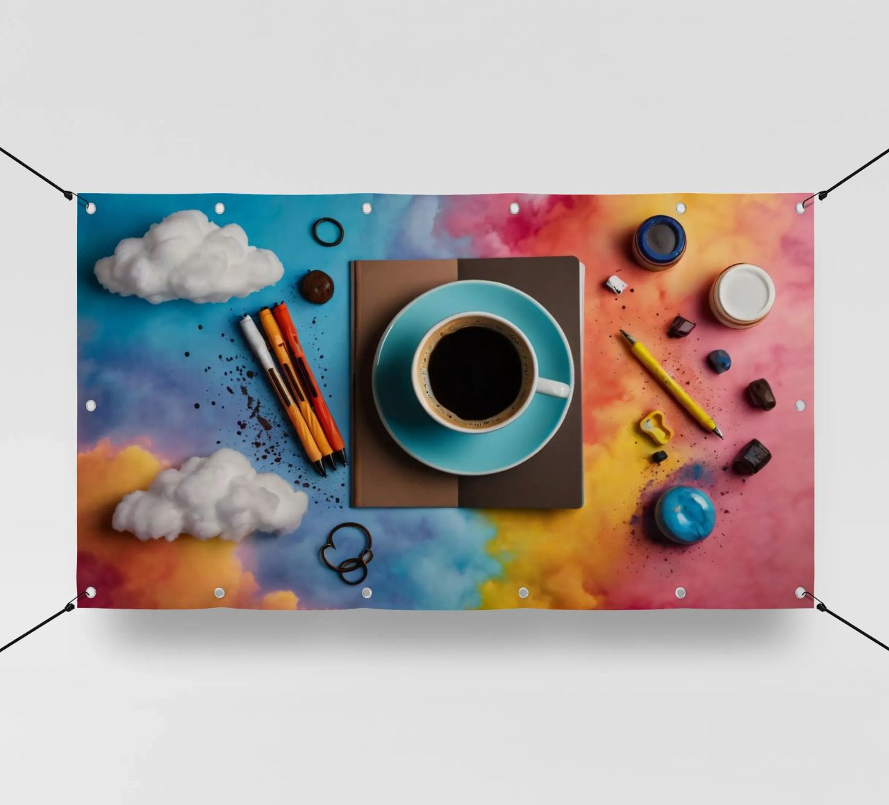 espace de travail avec une tasse de café bleue sur un tableau d'art coloré bâche pvc de DesignDoodle