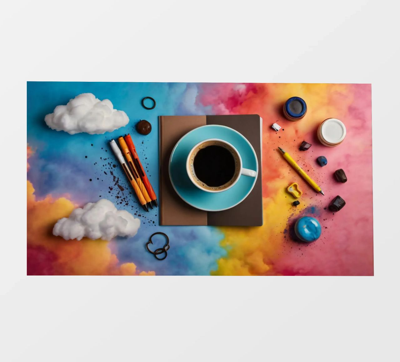 espace de travail avec une tasse de café bleue sur un tableau d'art coloré bâche pvc de DesignDoodle