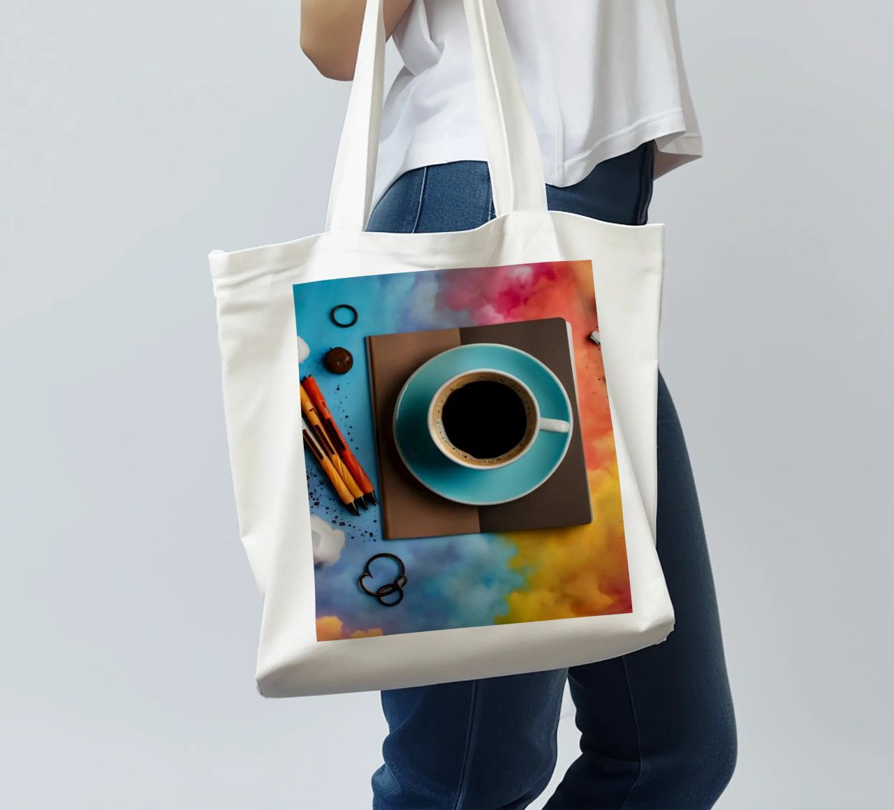 espace de travail avec une tasse de café bleue sur un tableau d'art coloré tote bag de DesignDoodle