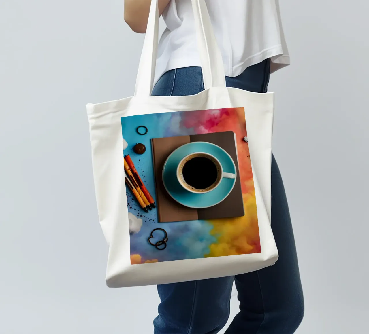 spazio di lavoro caratterizzato da una tazza di caffè blu su un'opera d'arte colorata. borsa in juta da DesignDoodle