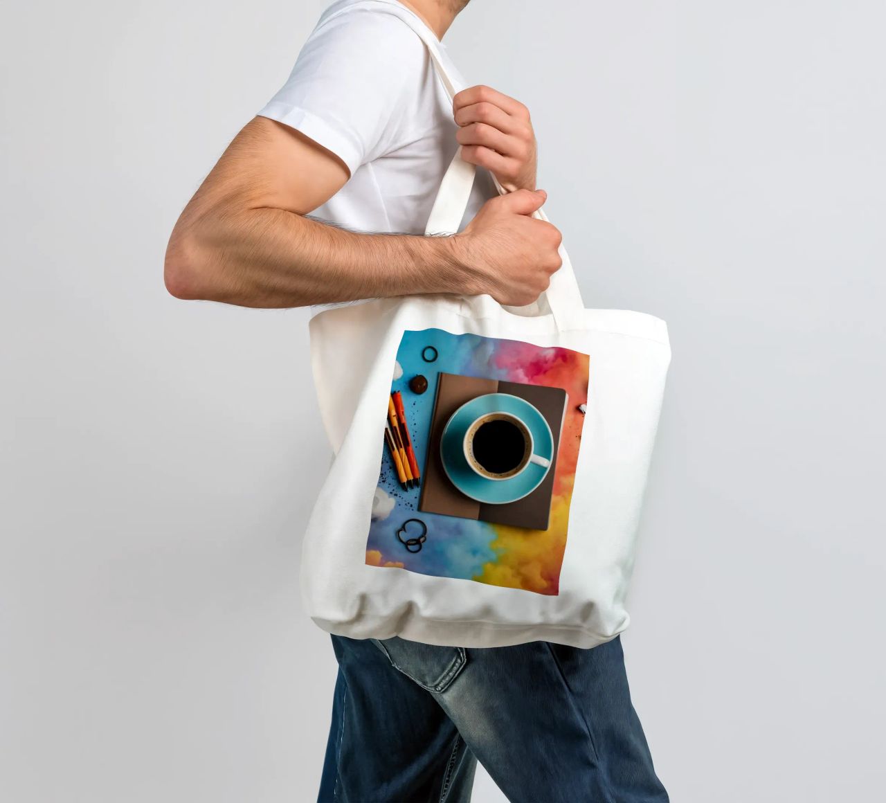 espace de travail avec une tasse de café bleue sur un tableau d'art coloré tote bag de DesignDoodle