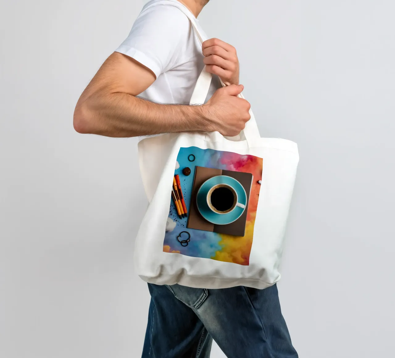spazio di lavoro caratterizzato da una tazza di caffè blu su un'opera d'arte colorata. borsa in juta da DesignDoodle