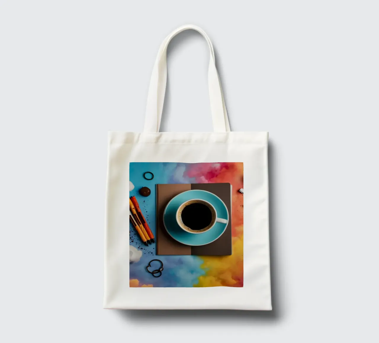spazio di lavoro caratterizzato da una tazza di caffè blu su un'opera d'arte colorata. borsa in juta da DesignDoodle
