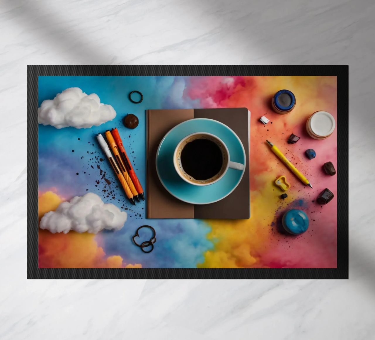 espace de travail avec une tasse de café bleue sur un tableau d'art coloré paillasson de DesignDoodle