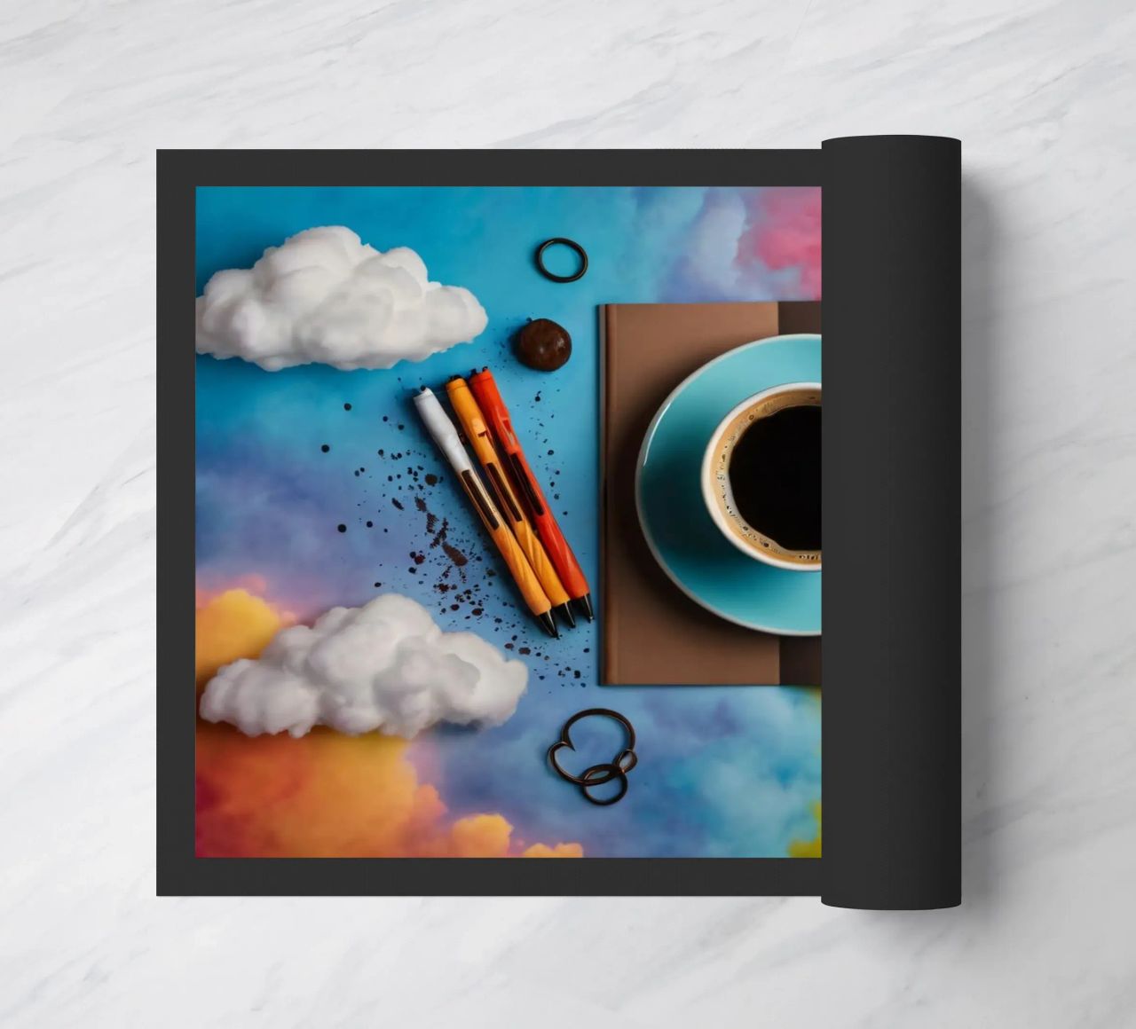 espace de travail avec une tasse de café bleue sur un tableau d'art coloré paillasson de DesignDoodle