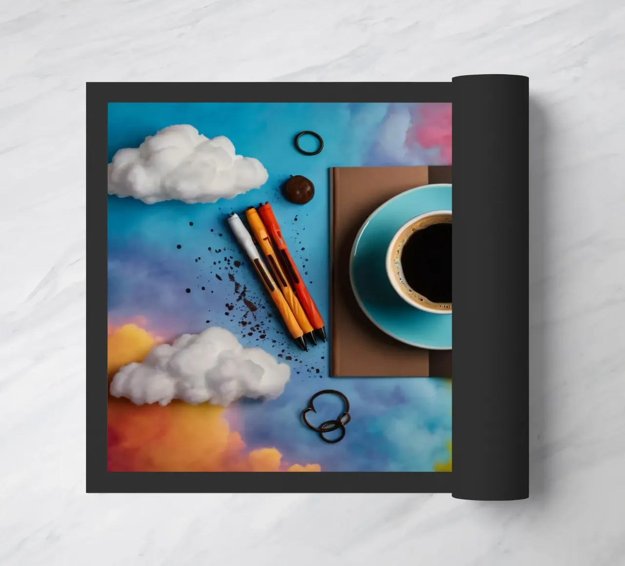 spazio di lavoro caratterizzato da una tazza di caffè blu su un'opera d'arte colorata. zerbino da DesignDoodle
