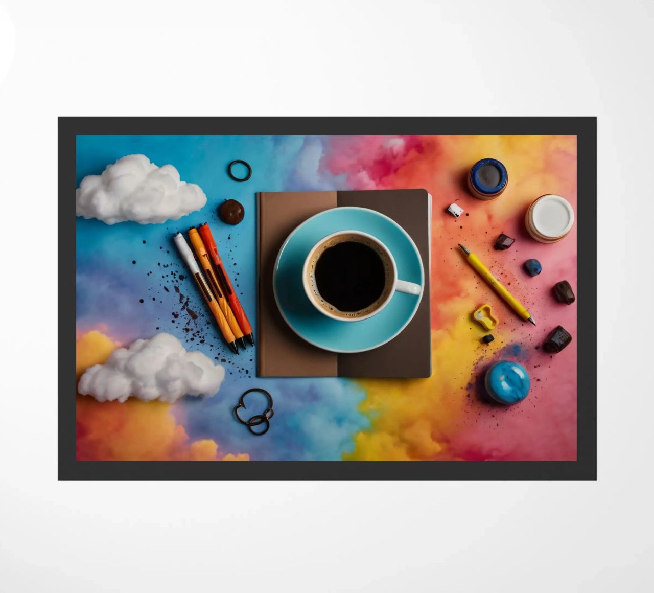 espace de travail avec une tasse de café bleue sur un tableau d'art coloré paillasson de DesignDoodle