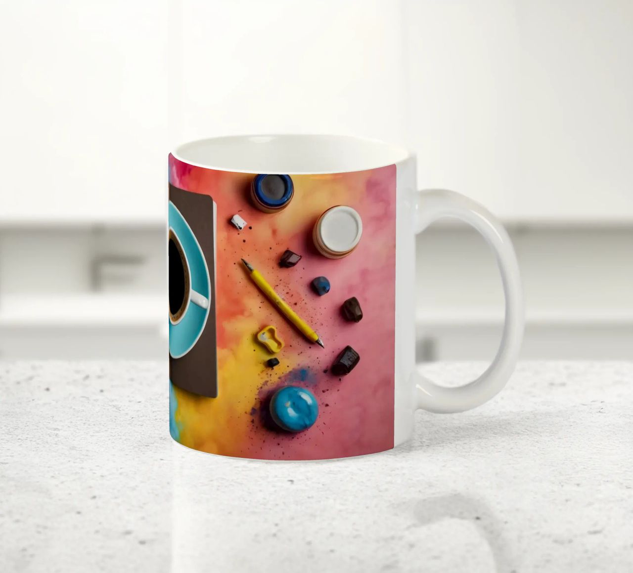 espace de travail avec une tasse de café bleue sur un tableau d'art coloré mug en céramique de DesignDoodle