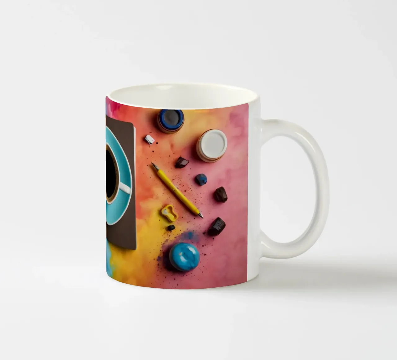 spazio di lavoro caratterizzato da una tazza di caffè blu su un'opera d'arte colorata. tazza in ceramica da DesignDoodle