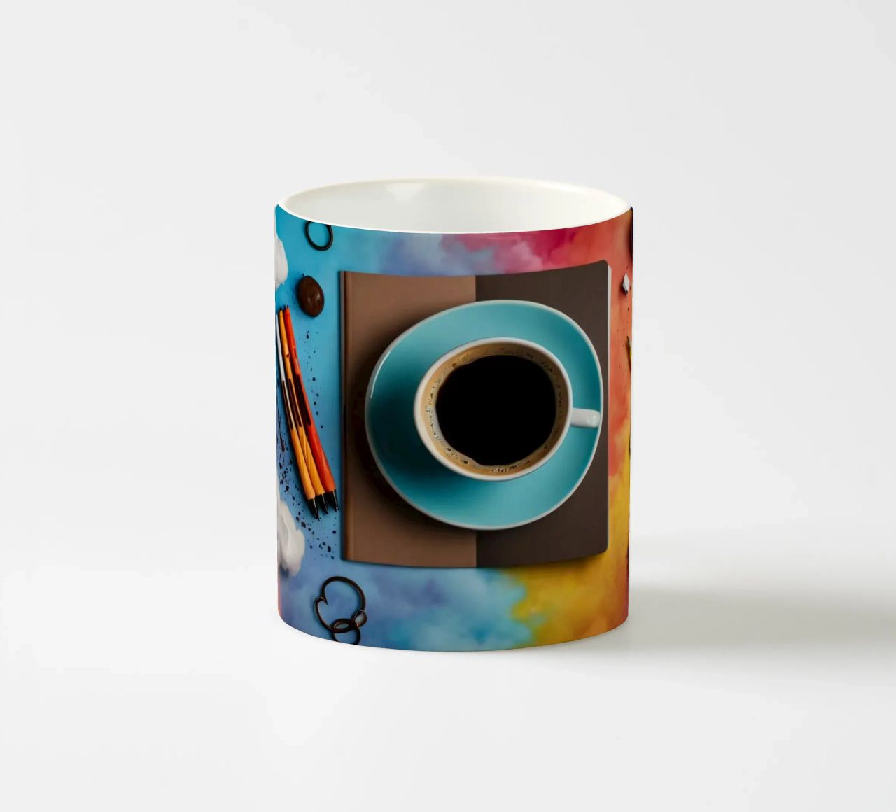 espace de travail avec une tasse de café bleue sur un tableau d'art coloré mug en céramique de DesignDoodle
