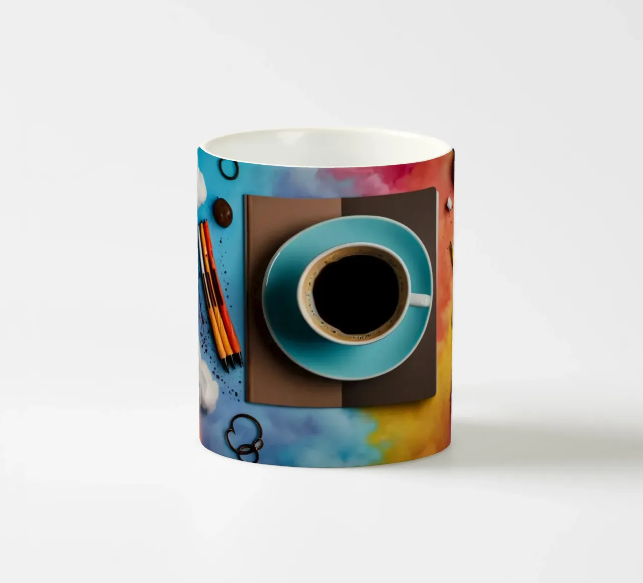 spazio di lavoro caratterizzato da una tazza di caffè blu su un'opera d'arte colorata. tazza in ceramica da DesignDoodle