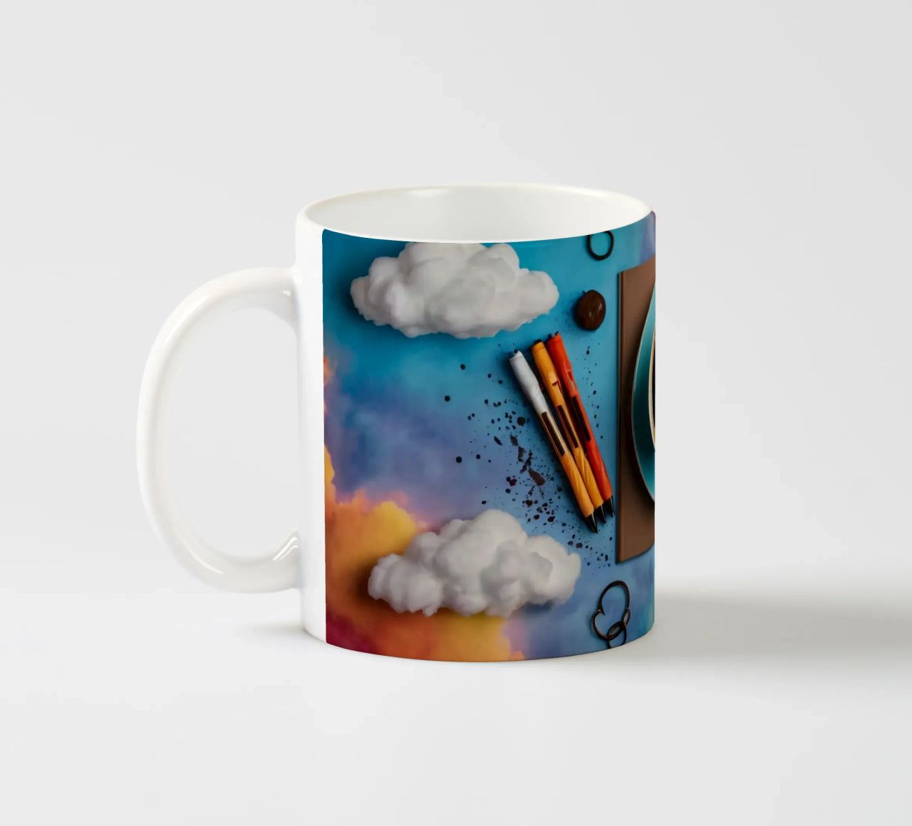 espace de travail avec une tasse de café bleue sur un tableau d'art coloré mug en céramique de DesignDoodle