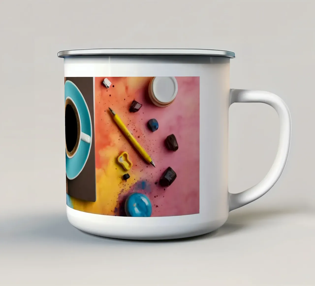 spazio di lavoro caratterizzato da una tazza di caffè blu su un'opera d'arte colorata. tazza in smalto da DesignDoodle