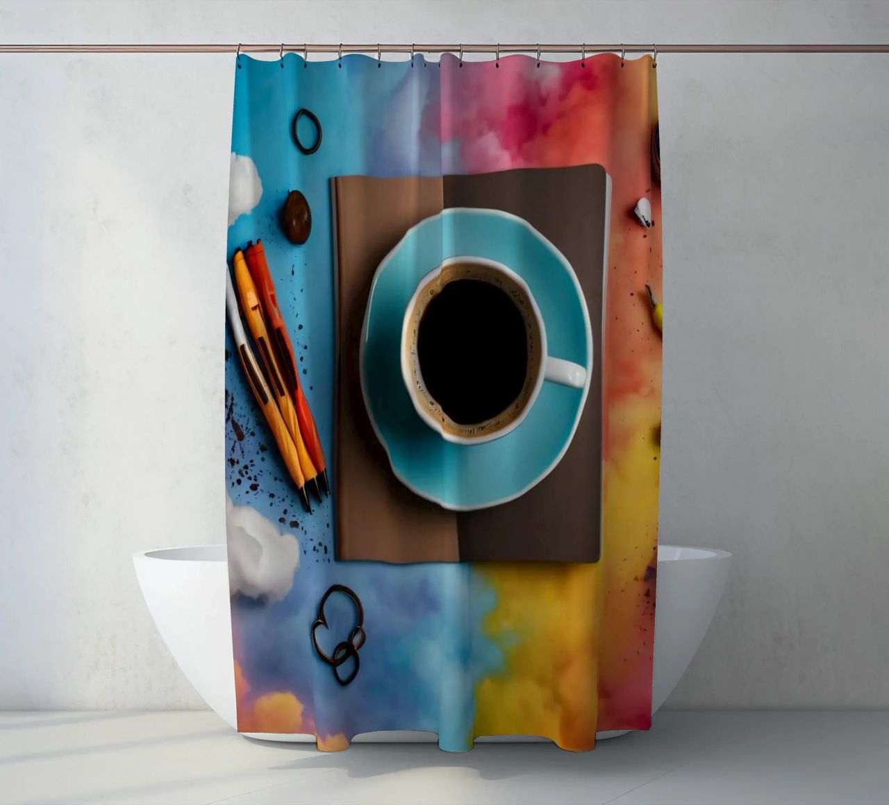 espace de travail avec une tasse de café bleue sur un tableau d'art coloré rideau de douche de DesignDoodle