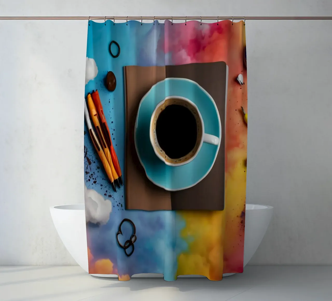 spazio di lavoro caratterizzato da una tazza di caffè blu su un'opera d'arte colorata. tenda da doccia da DesignDoodle