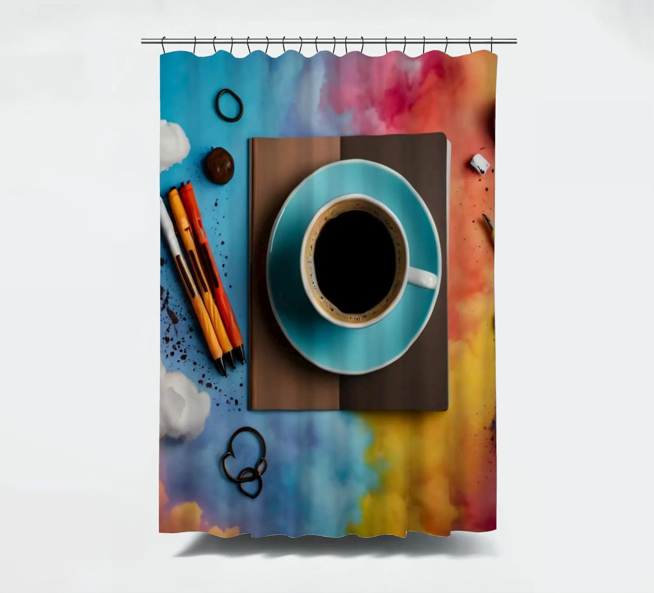 espace de travail avec une tasse de café bleue sur un tableau d'art coloré rideau de douche de DesignDoodle