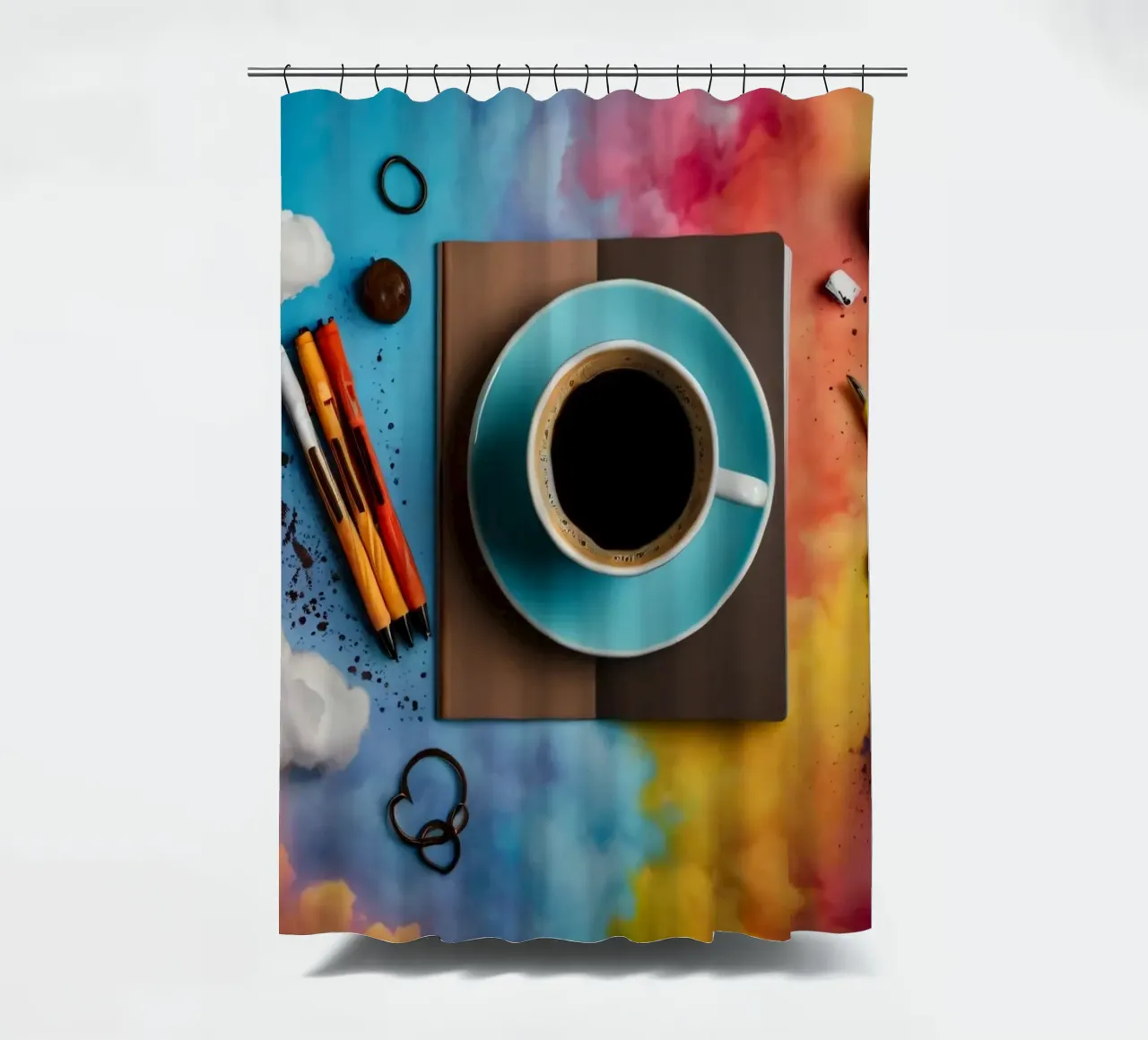 spazio di lavoro caratterizzato da una tazza di caffè blu su un'opera d'arte colorata. tenda da doccia da DesignDoodle