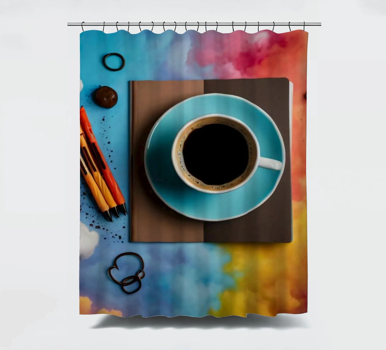 espace de travail avec une tasse de café bleue sur un tableau d'art coloré rideau de douche de DesignDoodle