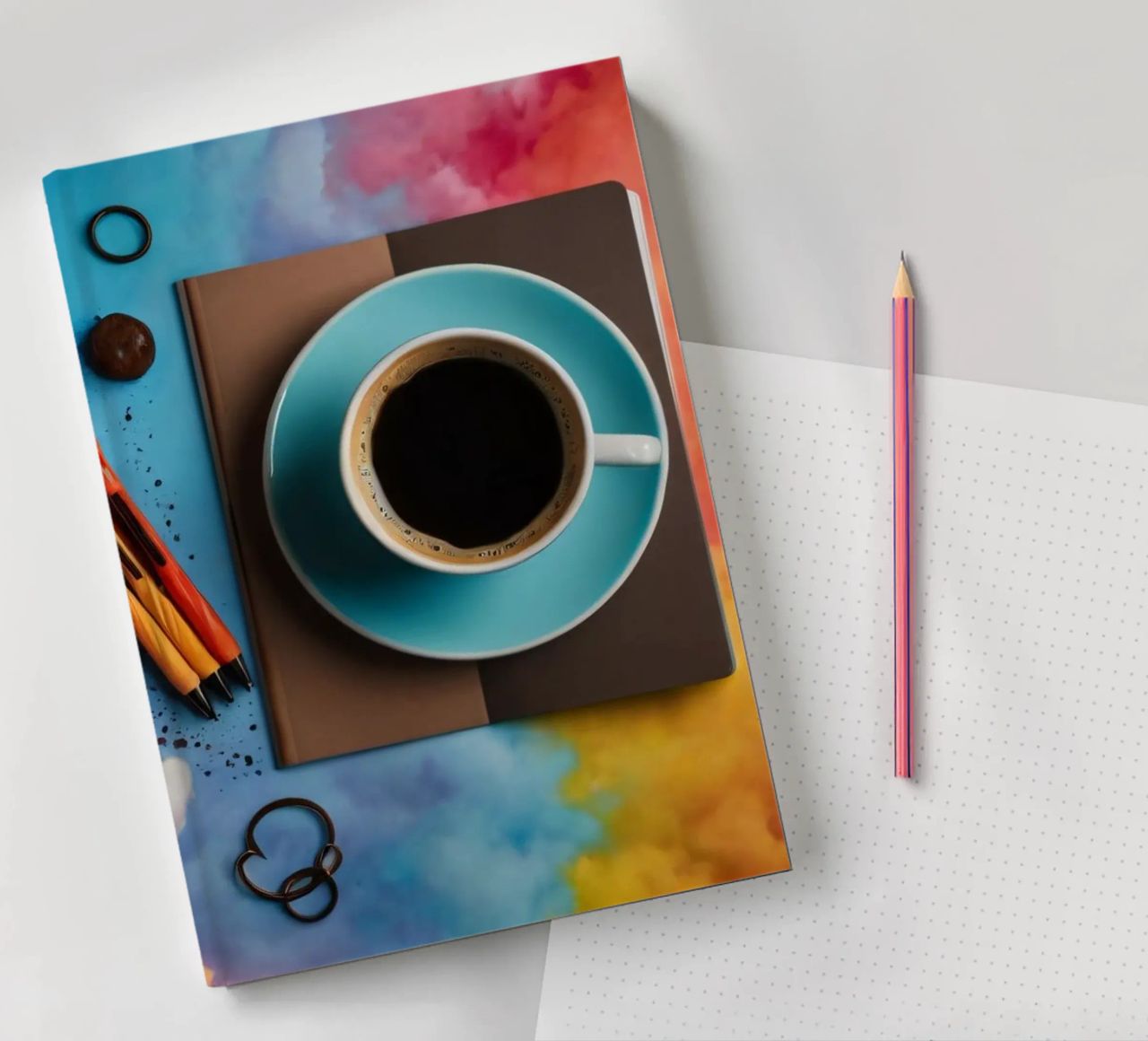 workspace featuring a blue cup of coffee on a colorful art notebook by DesignDoodle