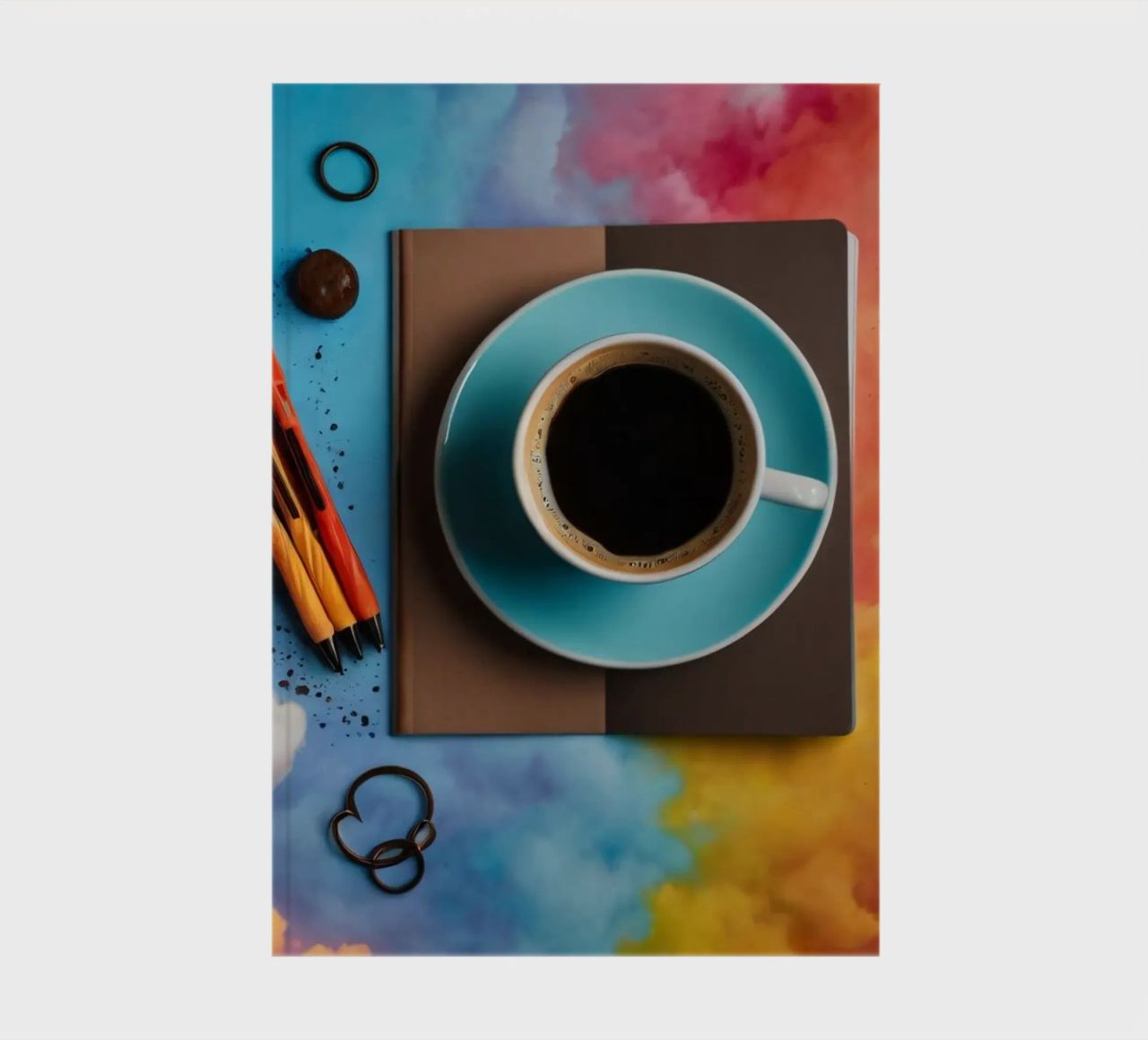 workspace featuring a blue cup of coffee on a colorful art notebook by DesignDoodle
