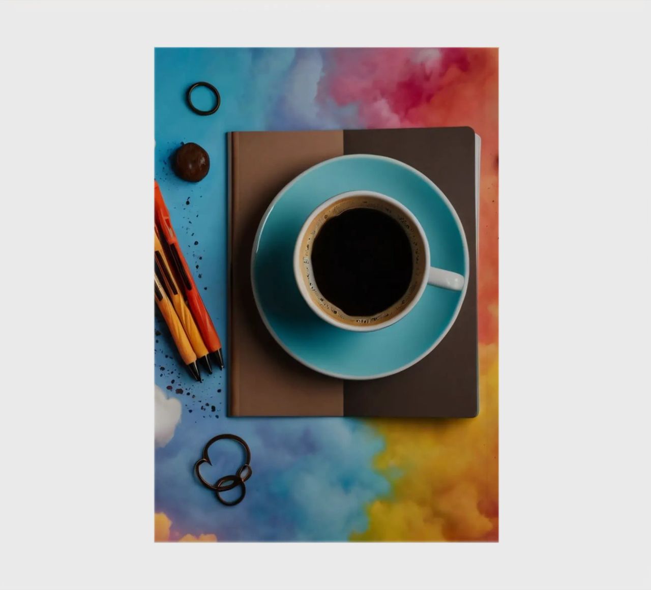 workspace featuring a blue cup of coffee on a colorful art notebook by DesignDoodle
