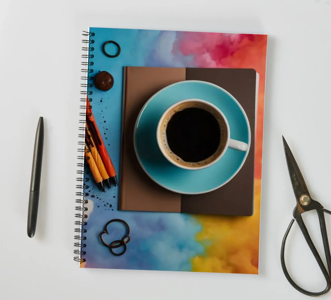 spazio di lavoro caratterizzato da una tazza di caffè blu su un'opera d'arte colorata. diario ad anelli da DesignDoodle