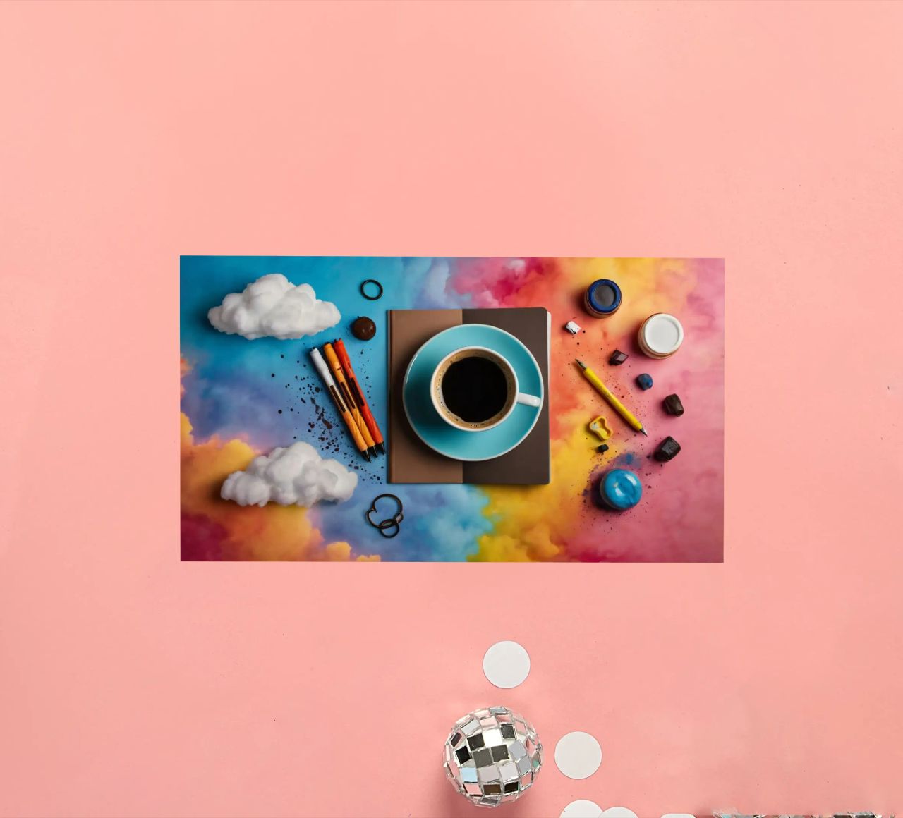 espace de travail avec une tasse de café bleue sur un tableau d'art coloré autocollant de DesignDoodle
