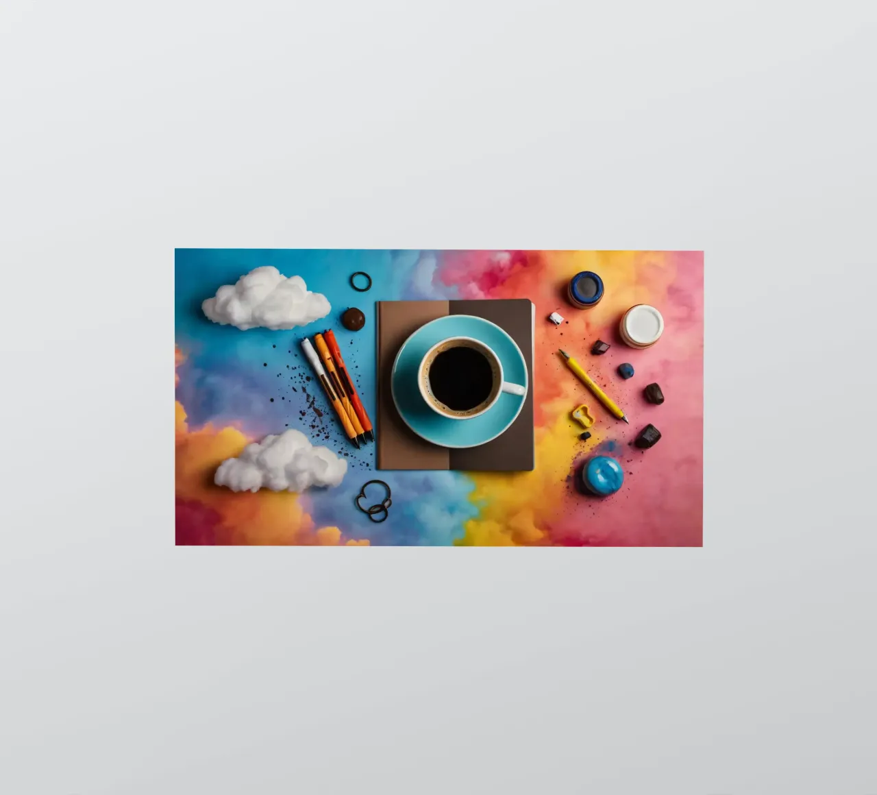 spazio di lavoro caratterizzato da una tazza di caffè blu su un'opera d'arte colorata. adesivo da DesignDoodle