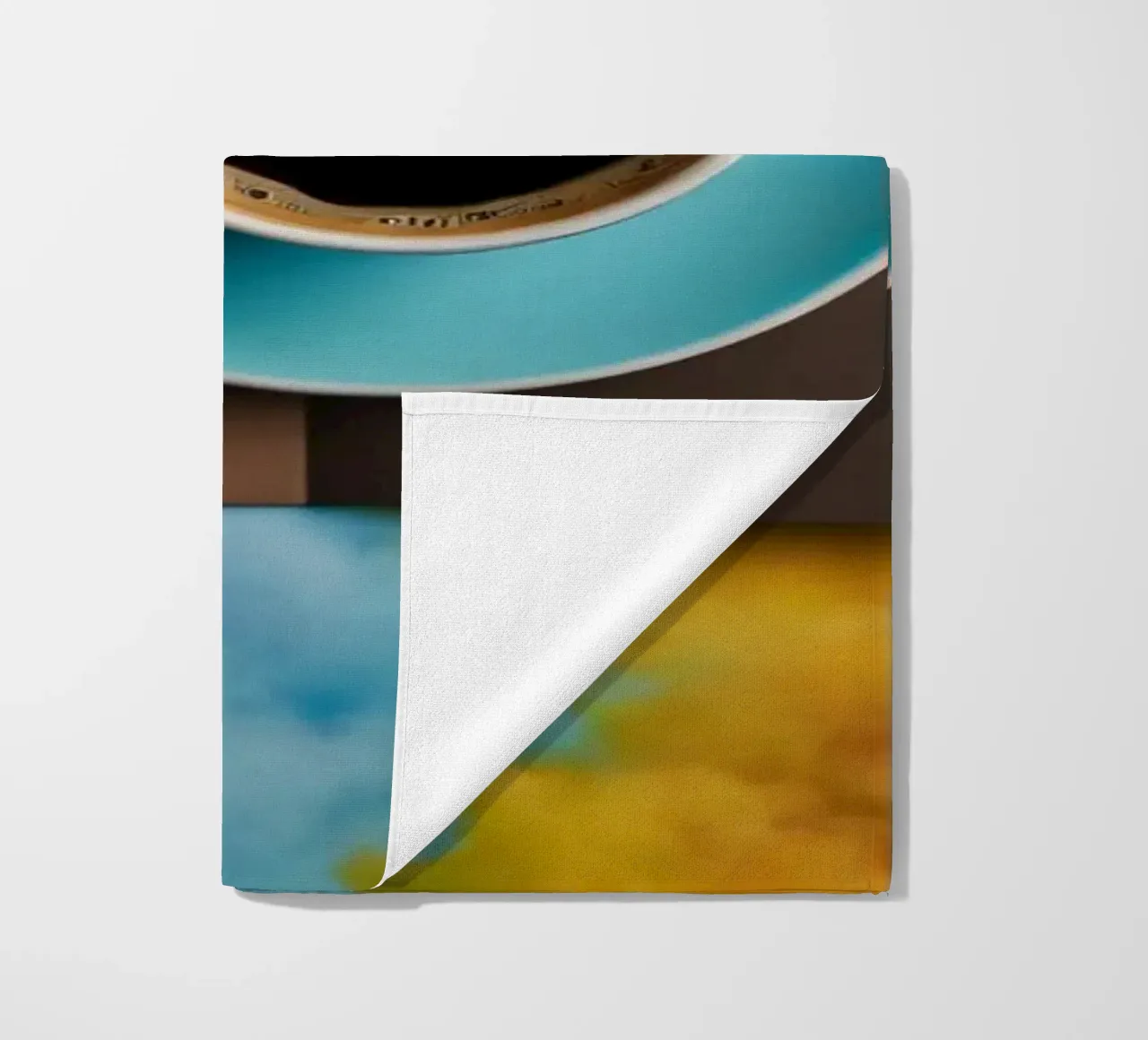 spazio di lavoro caratterizzato da una tazza di caffè blu su un'opera d'arte colorata. telo mare da DesignDoodle