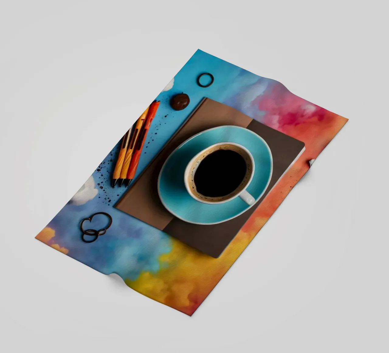 spazio di lavoro caratterizzato da una tazza di caffè blu su un'opera d'arte colorata. telo mare da DesignDoodle