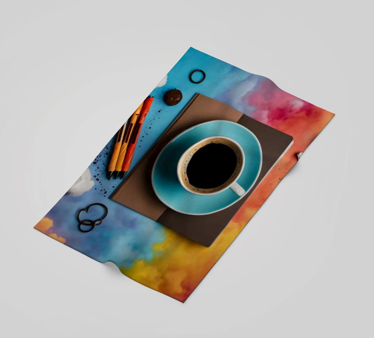 espace de travail avec une tasse de café bleue sur un tableau d'art coloré serviette de plage de DesignDoodle
