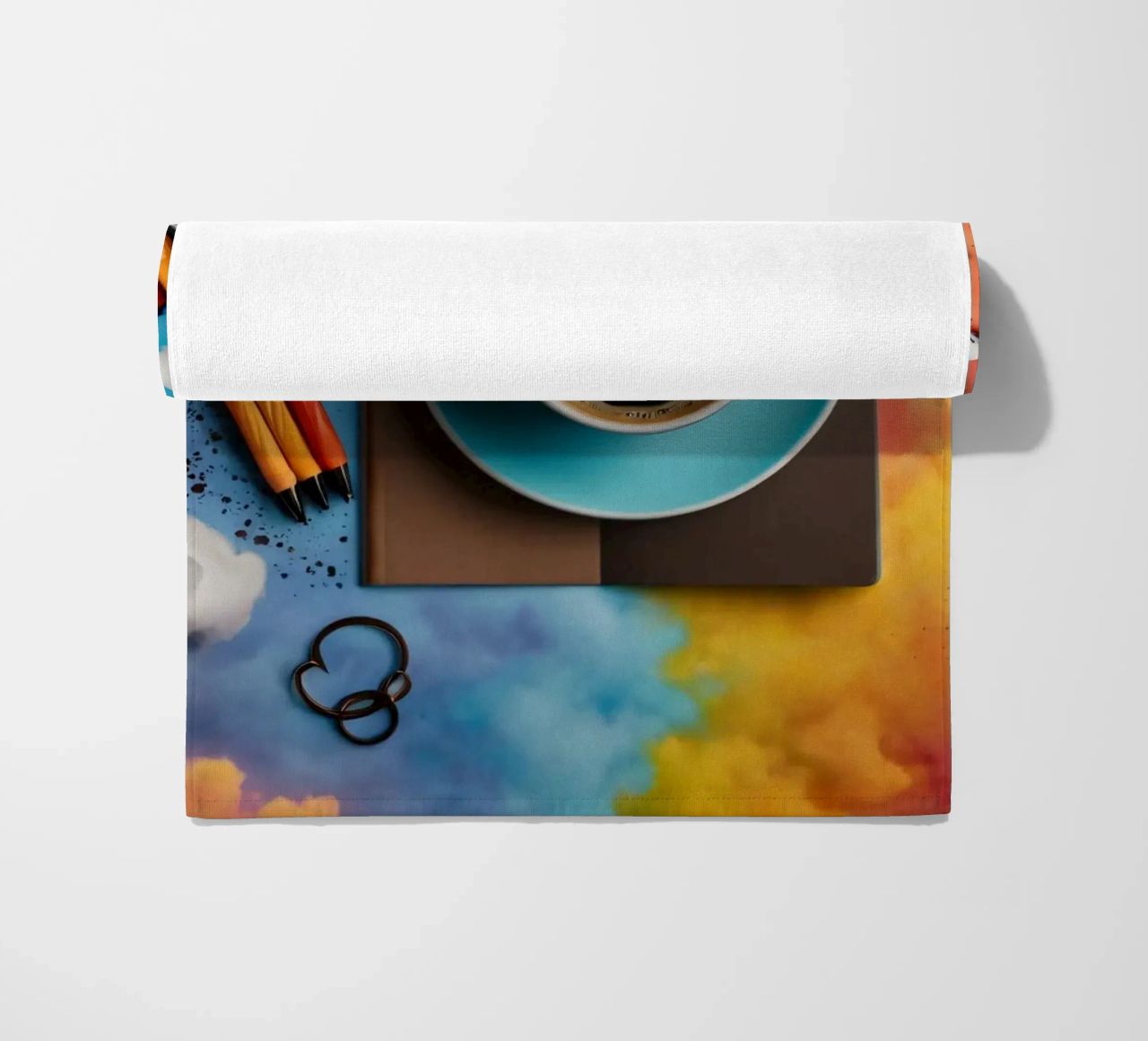 espace de travail avec une tasse de café bleue sur un tableau d'art coloré serviette de plage de DesignDoodle