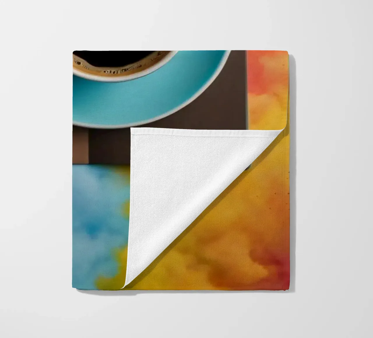 spazio di lavoro caratterizzato da una tazza di caffè blu su un'opera d'arte colorata. telo mare da DesignDoodle
