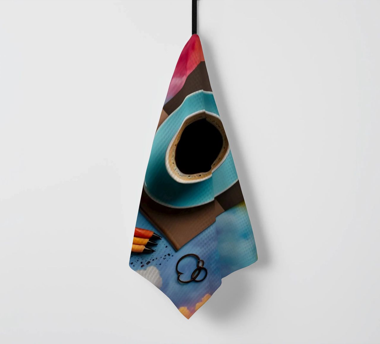 espace de travail avec une tasse de café bleue sur un tableau d'art coloré torchon de DesignDoodle