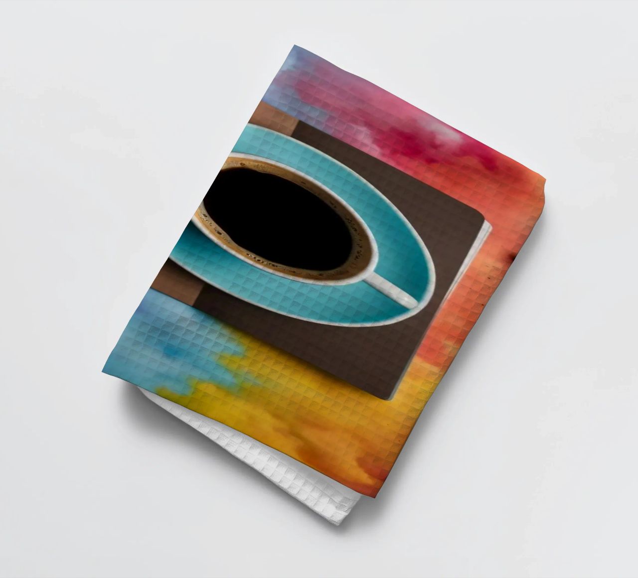 espace de travail avec une tasse de café bleue sur un tableau d'art coloré torchon de DesignDoodle