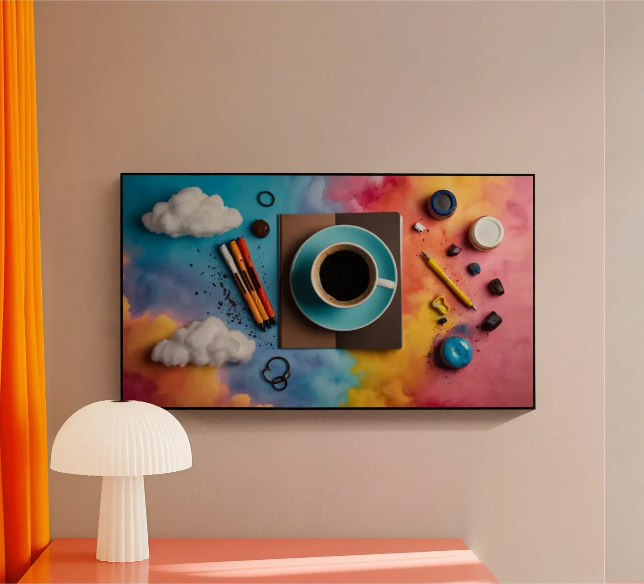 spazio di lavoro caratterizzato da una tazza di caffè blu su un'opera d'arte colorata. plexiglass da DesignDoodle