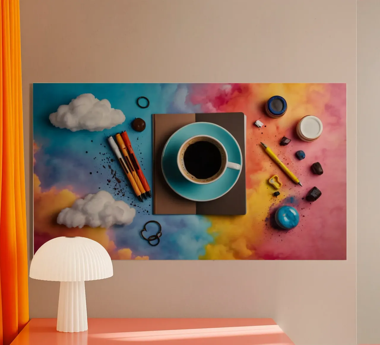 spazio di lavoro caratterizzato da una tazza di caffè blu su un'opera d'arte colorata. plexiglass da DesignDoodle