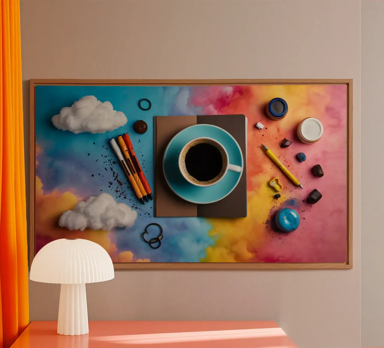 spazio di lavoro caratterizzato da una tazza di caffè blu su un'opera d'arte colorata. alluminio dibond da DesignDoodle