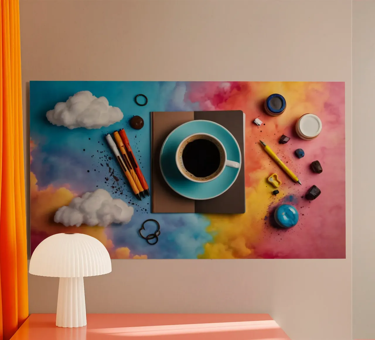spazio di lavoro caratterizzato da una tazza di caffè blu su un'opera d'arte colorata. alluminio dibond da DesignDoodle