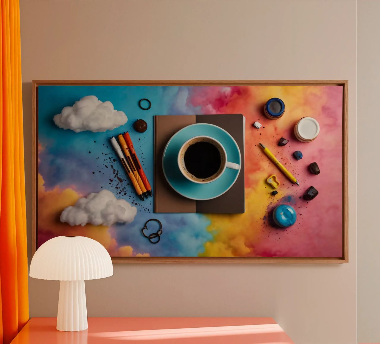 espace de travail avec une tasse de café bleue sur un tableau d'art coloré toile de DesignDoodle