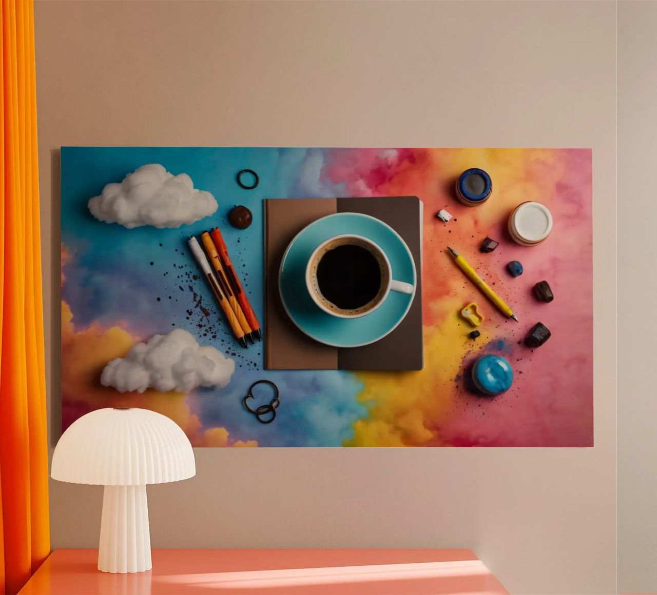 espace de travail avec une tasse de café bleue sur un tableau d'art coloré toile de DesignDoodle
