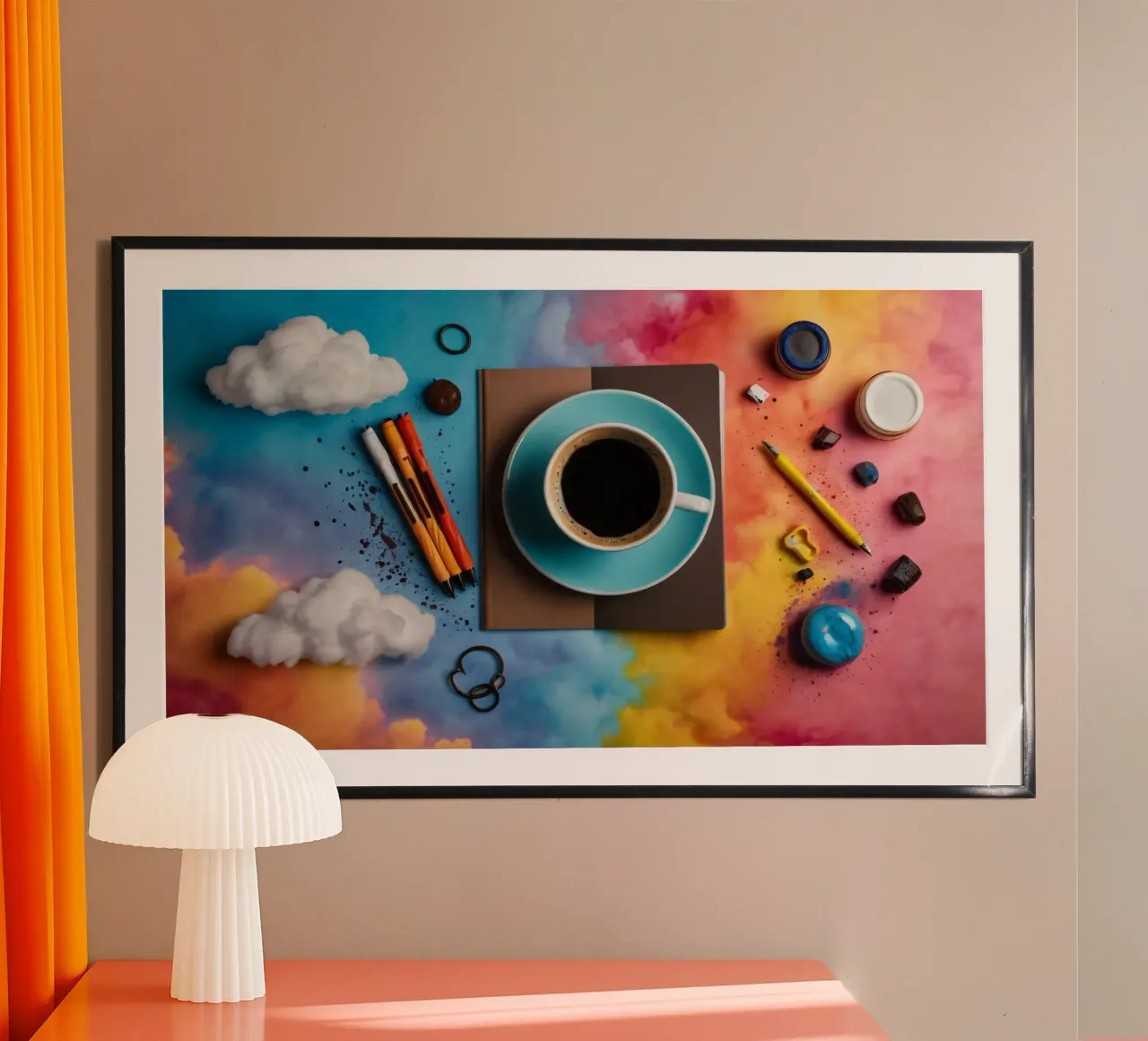 espacio de trabajo con una taza de café azul sobre un colorido arte hahnemühle de DesignDoodle