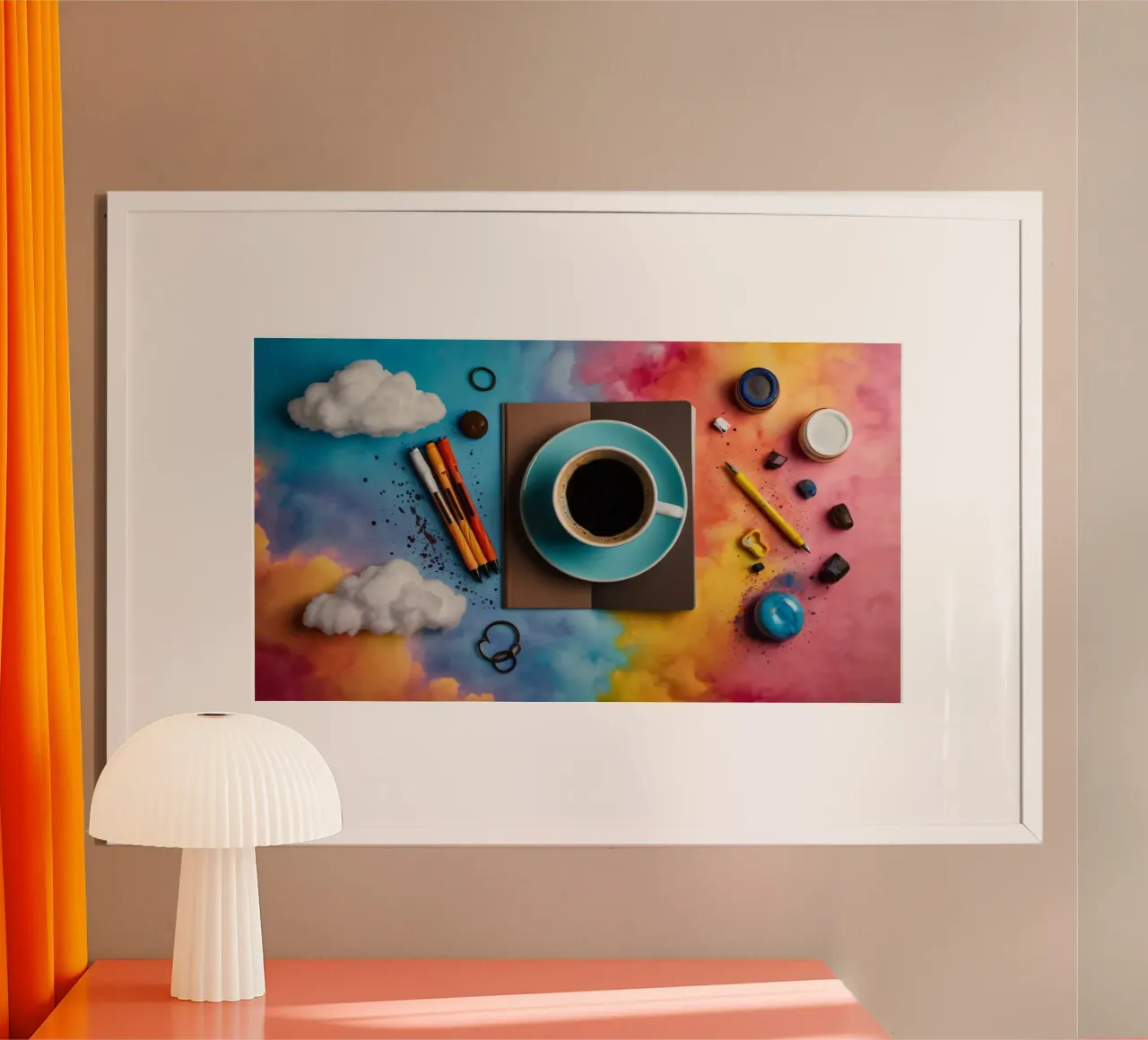 espacio de trabajo con una taza de café azul sobre un colorido arte hahnemühle de DesignDoodle