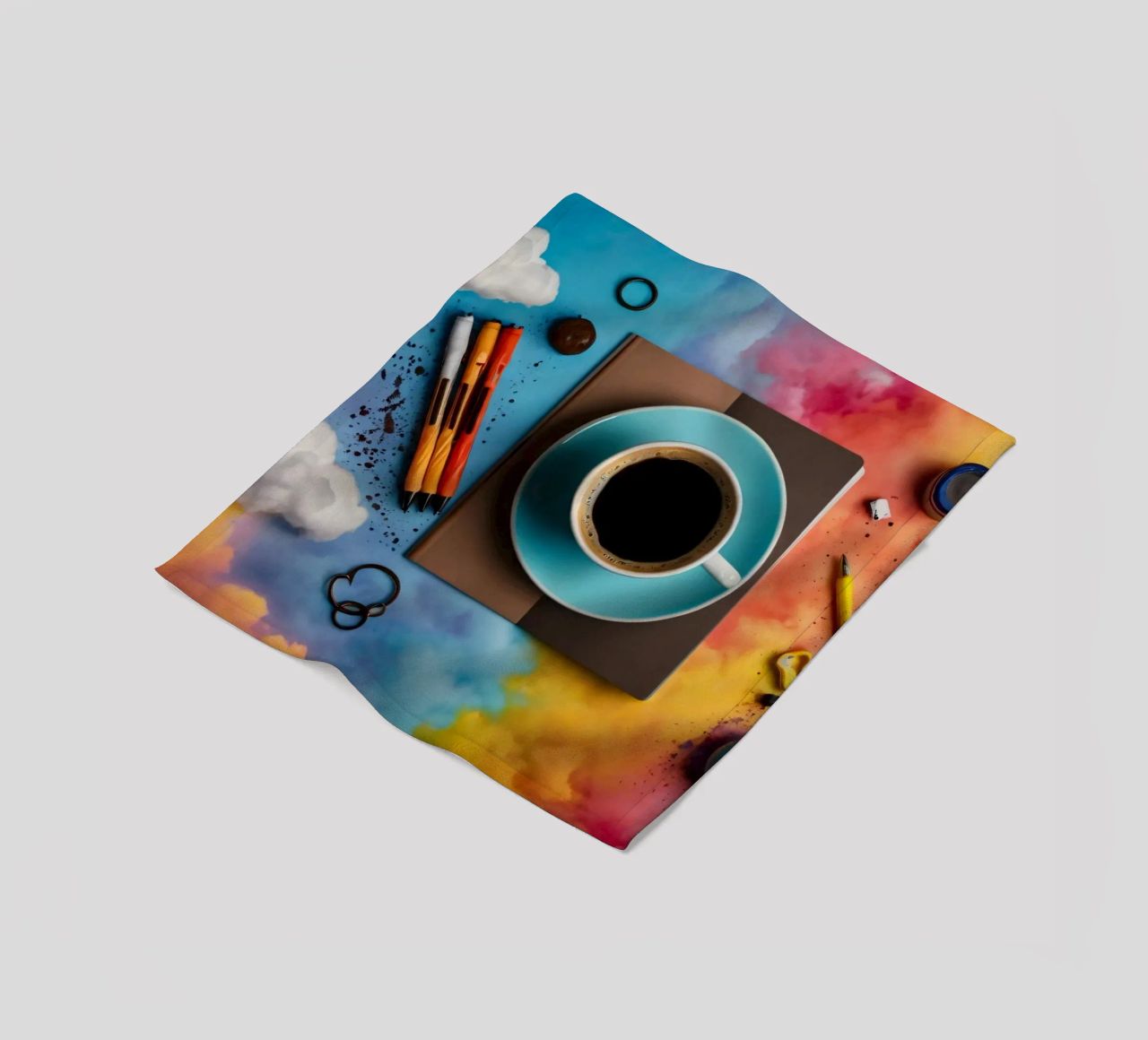 espace de travail avec une tasse de café bleue sur un tableau d'art coloré plaid polaire de DesignDoodle