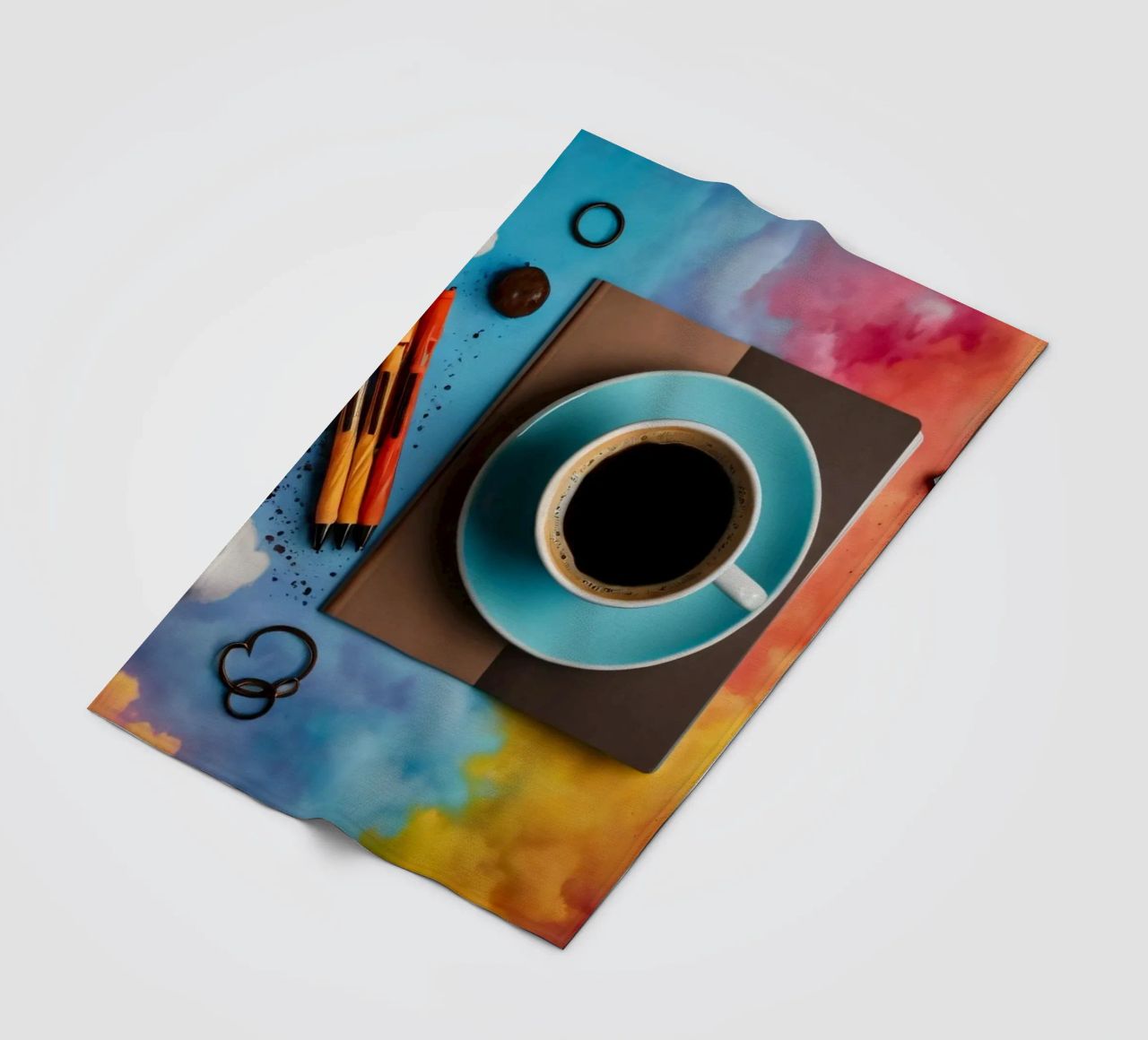 espace de travail avec une tasse de café bleue sur un tableau d'art coloré plaid polaire de DesignDoodle